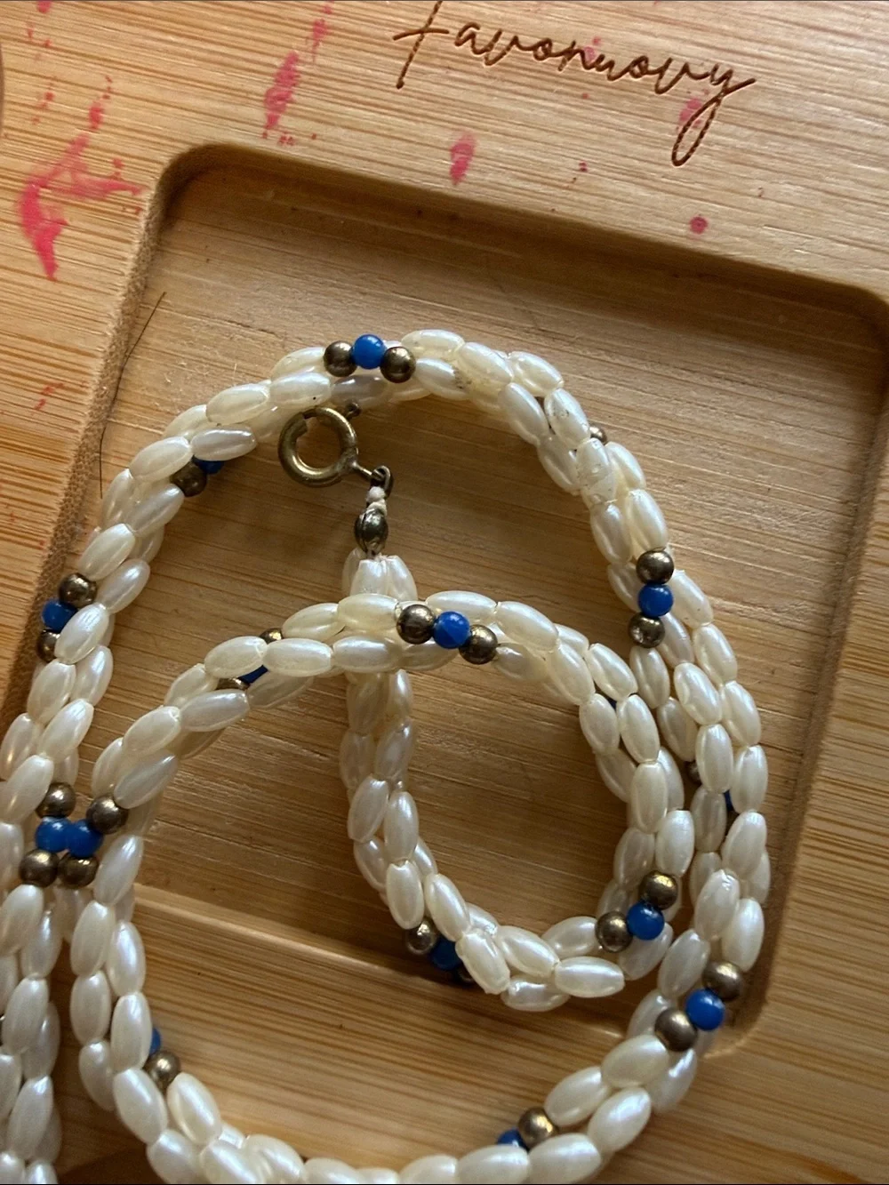 Handcrafted White and Blue Beaded Braided Necklace